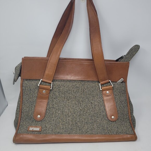 Hartmann Grey Tweed Leather Trim Shoulder Classic Business Bag 13x17x7 Briefcase - Picture 2 of 16